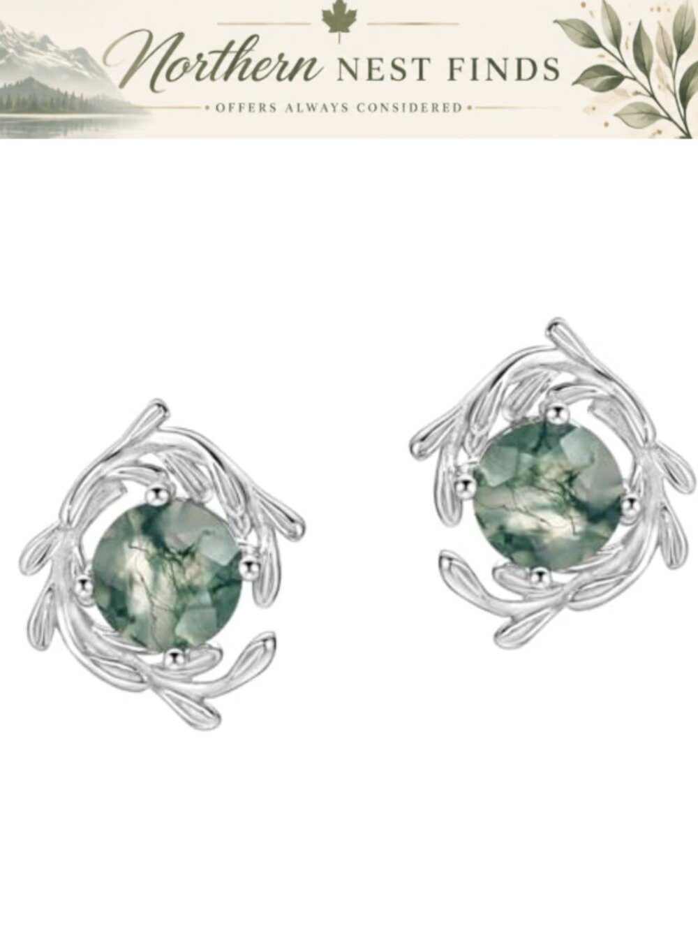 Natural Moss Agate Earrings 925 Sterling Silver Stud Leaf Design Women's Jewelry